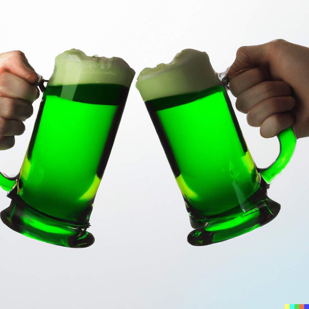 Colored picture of two real mugs of green beer clinking together