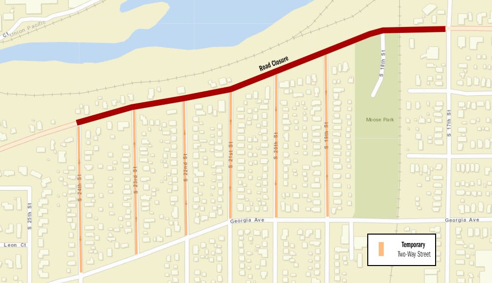 Map image of a segment of indiana avenue in sheboygan, indicating a road closure between south 17th street and south 24th street, as provided by the sheboygan department of public works.