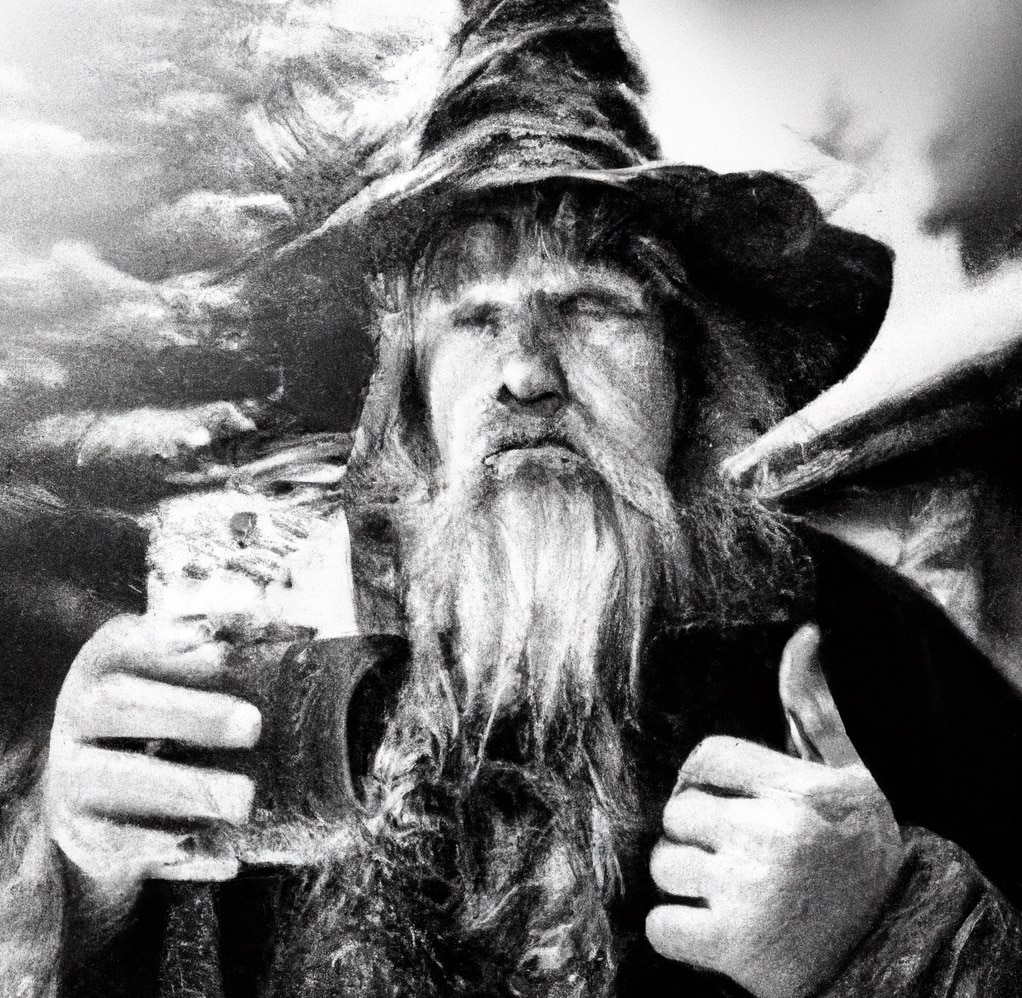 Old frost wizard chilling beer with a spell realistic spooky black and white photo