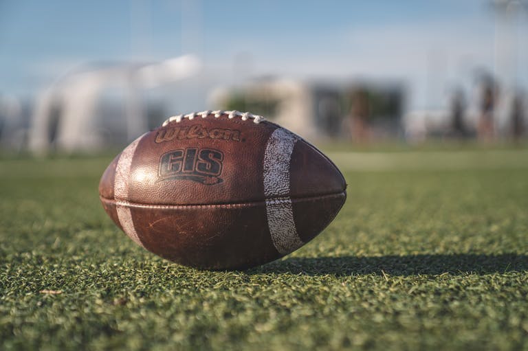 Selective focus close-up photo of brown wilson pigskin football on green grass