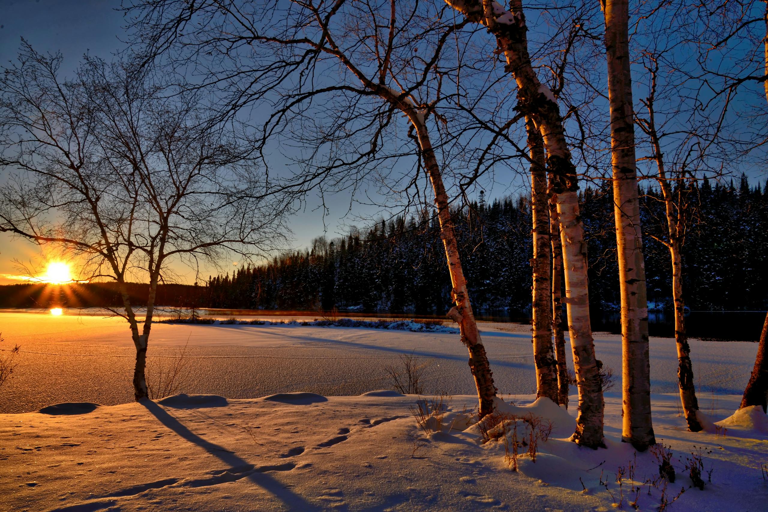 A serene winter sunset casting shadows on a frozen lake surrounded by snow and trees.