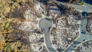 aerial view of santa rosa neighborhood devastated by tubbs fire. burned homes visible. 3964366